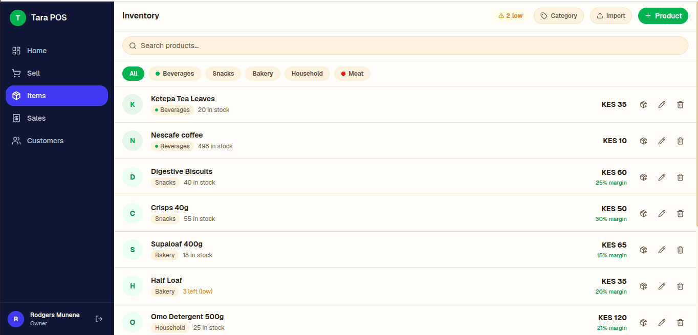 Tara POS inventory dashboard